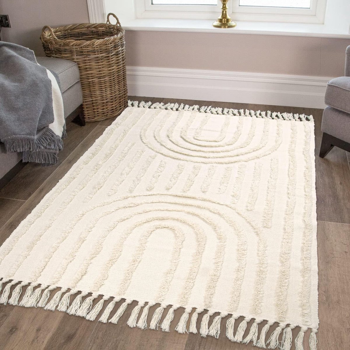 LaMoussawi ® Chic Handgeweven Katoenen Vloerkleed met Boho Kwastjes in Beige Regenboog Design